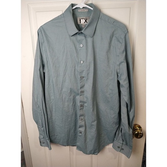 Express Men 1MX Fitted Long Sleeve Collared Button Teal Shirt. Size L - Picture 1 of 12